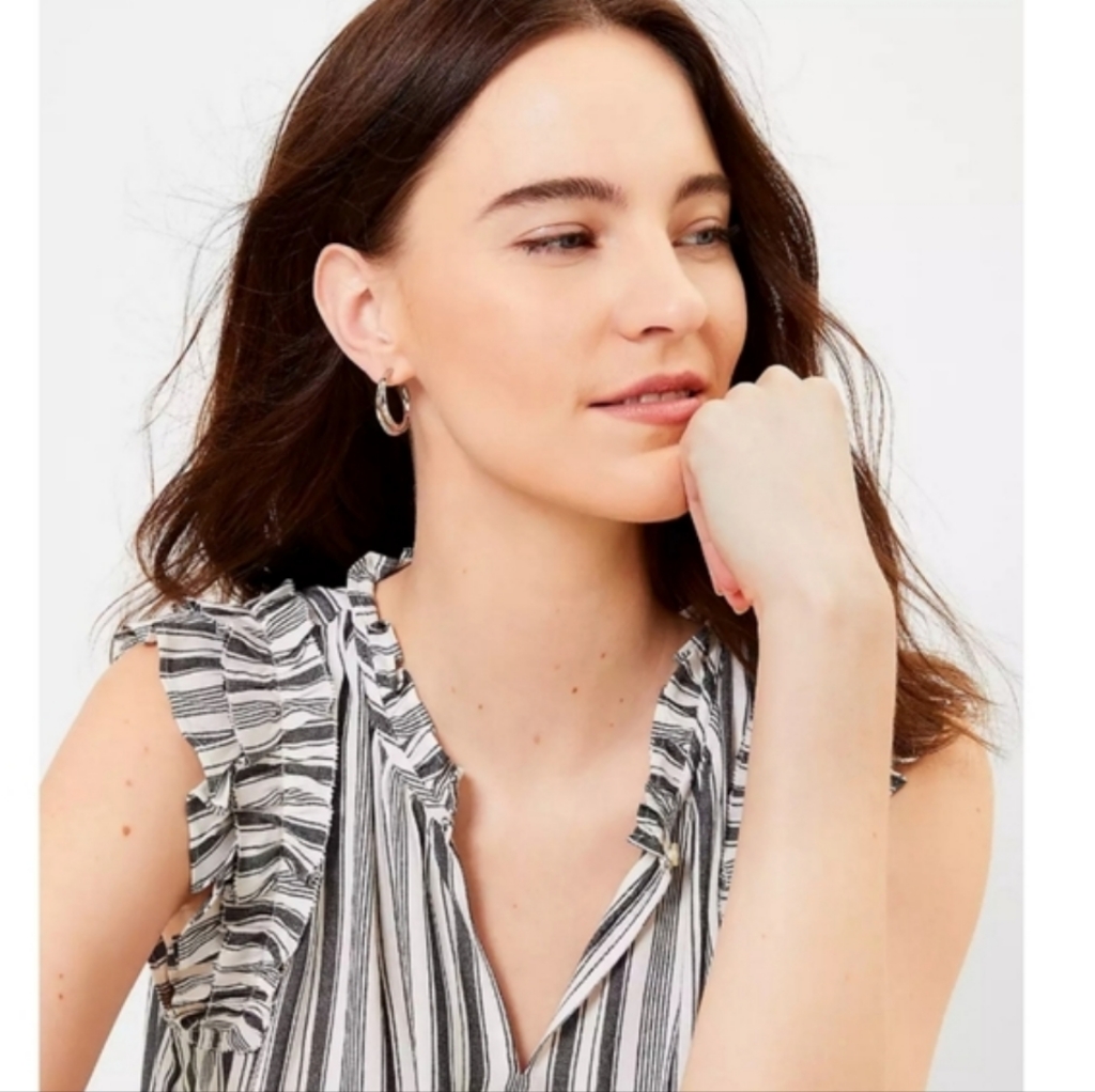 Loft Striped Ruffle Split Neck Shell
